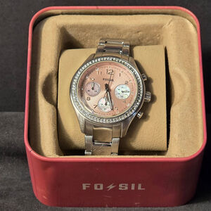 Fossil Silver Stainless Steel Watch with Pink Dial